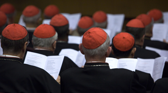 In this Oct. 20, 2014, file photo, cardinals gather in the Synod Hall at the Vatican. Church experts say synods should get more input from lay faithful. (CNS photo/Maria Grazia Picciarella, Pool) See SYNOD-BISHOPS-LAY Feb. 18, 2016.