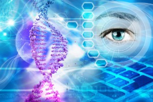 34795002 - dna helix and human eye in abstract blue background
